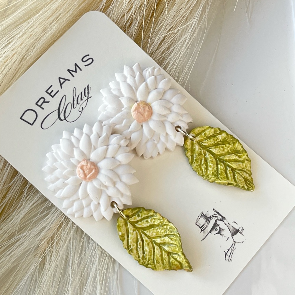 Dreams Clay White Flower Earrings with Green Leaf Dangles